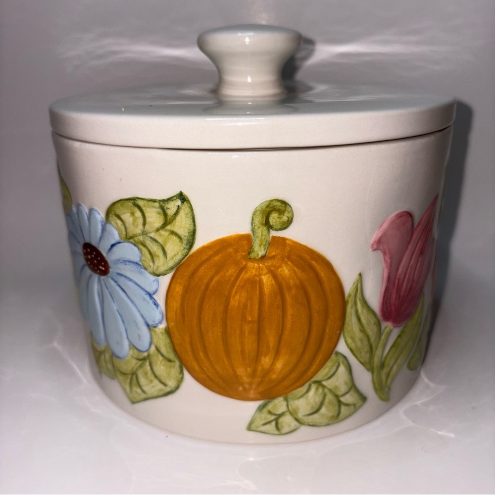 Vintage Kitchen Canister w/Lid 1966 Pumpkin Pineapple Flowers Fruit Ceramic